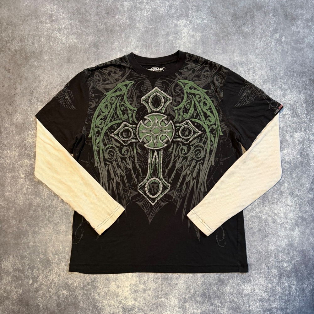 Y2K MMA Elite Mens Large Black Cross Wings Graphic Double Layer Long Sleeve Tee